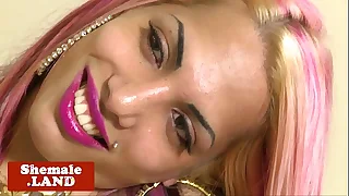 Pinkhair tgirl tugging cock vulnerable bed